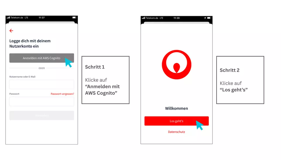Schritt 1 – Klicke auf “Anmelden mit AWS Cognito”, Schritt 2 – Klicke auf “Los geht’s” 