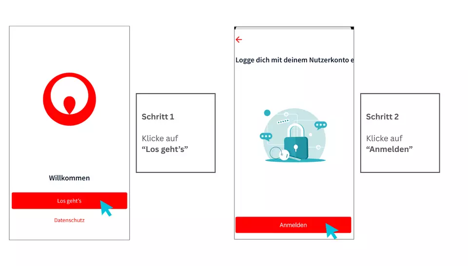 Schritt 1 – Klicke auf “Los geht's”, Schritt 2 – Klicke auf “Anmelden"