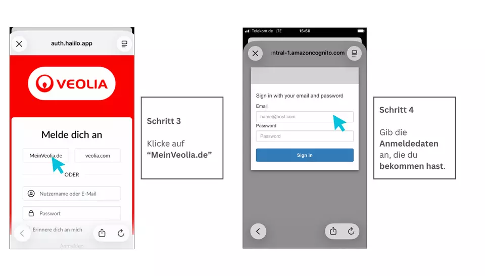 Schritt 3 –  Klicke auf “MeinVeolia.de”, Schritt 4 - gib deine persönlichen Zugangsdaten ein, die du vom App-Team per Mail oder in deinem Gehaltsbrief bekommen hast.