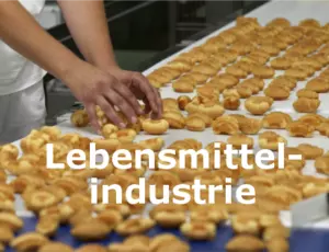 Aufnahme eines Fließbands wo Croissants liegen und mit der überschrift Lebensmittelindustrie 