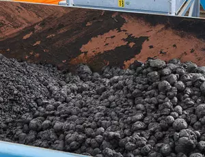 Nahaufnahme eines Containers auf einer Kläranlage, gefüllt mit Klärschlamm. Der obere Teil des Bildes zeigt die rostbraune Innenwand des Containers. Der untere Teil zeigt den dunklen, körnigen Klärschlamm.