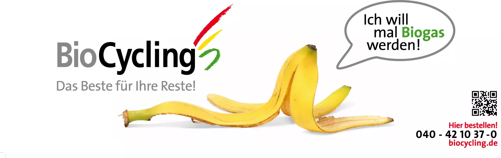 Abbildung von einer Banane mit Sprechblase Ich will mal Biogas werden 