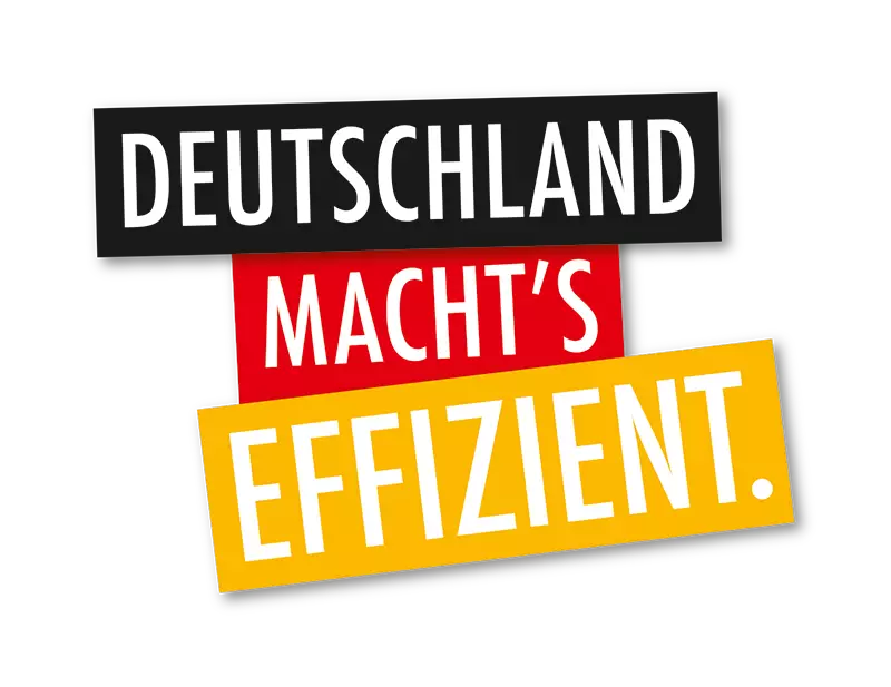 Slogan in den Deutschen Farben Schwarz Rot Gold mit der Aufschrift Deutschland macht's effizient