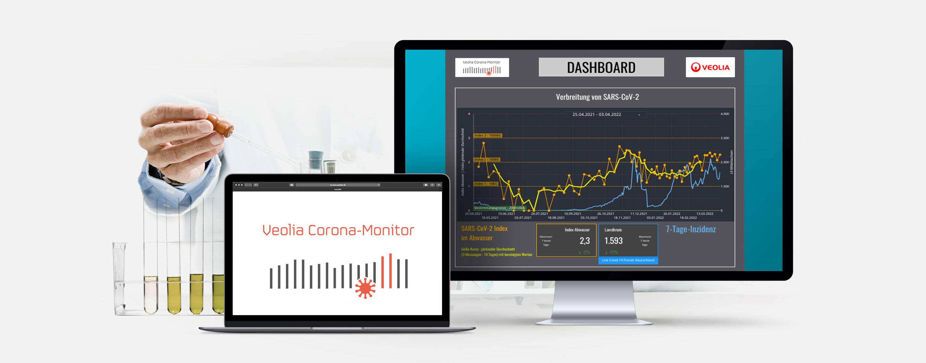 Eine Darstellung von Datenanalyse-Tools: Ein Desktop-Monitor zeigt ein komplexes Liniendiagramm, ein Laptop präsentiert ein Säulendiagramm. Daneben stehen Reagenzgläser mit farbigen Flüssigkeiten, die wissenschaftliche Forschung symbolisieren.
