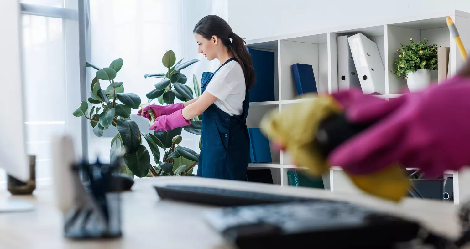 Zwei Personen putzen ein Büro