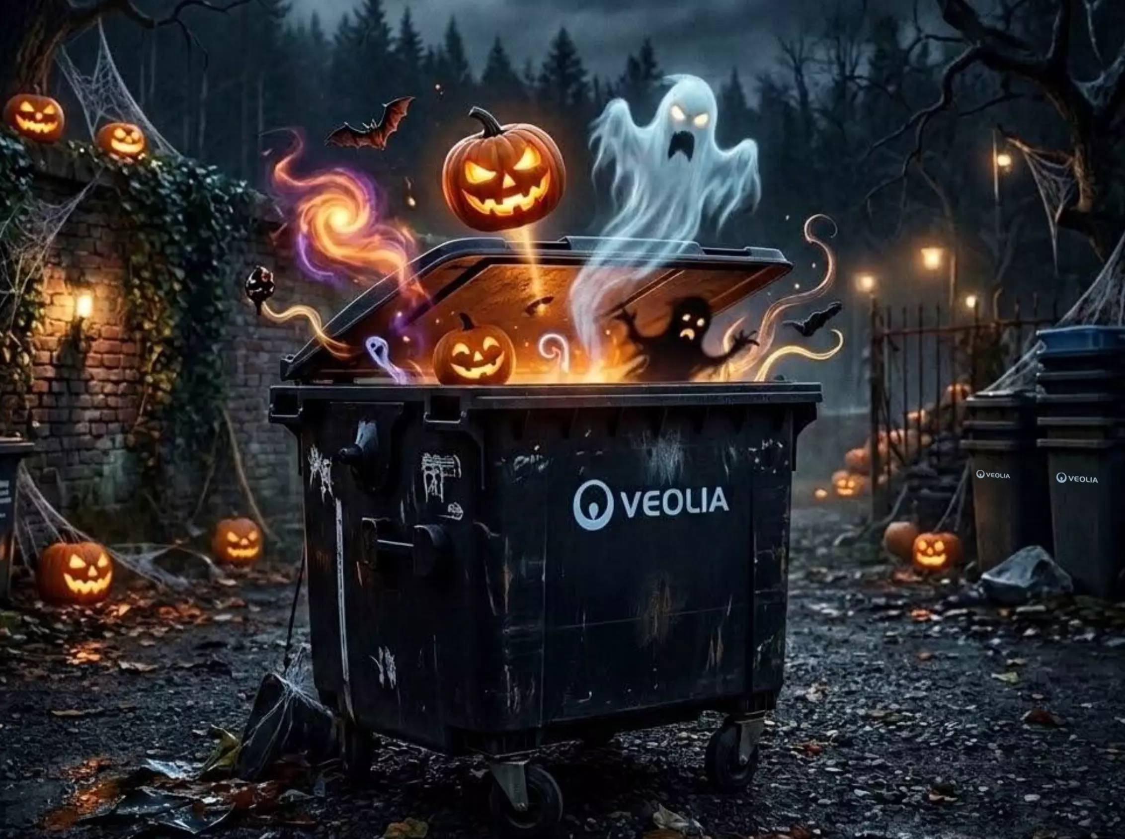 Ein Veolia Container voller Spinnerweben. Aus ihm schweben ein Geist und Halloweenkürbisse
