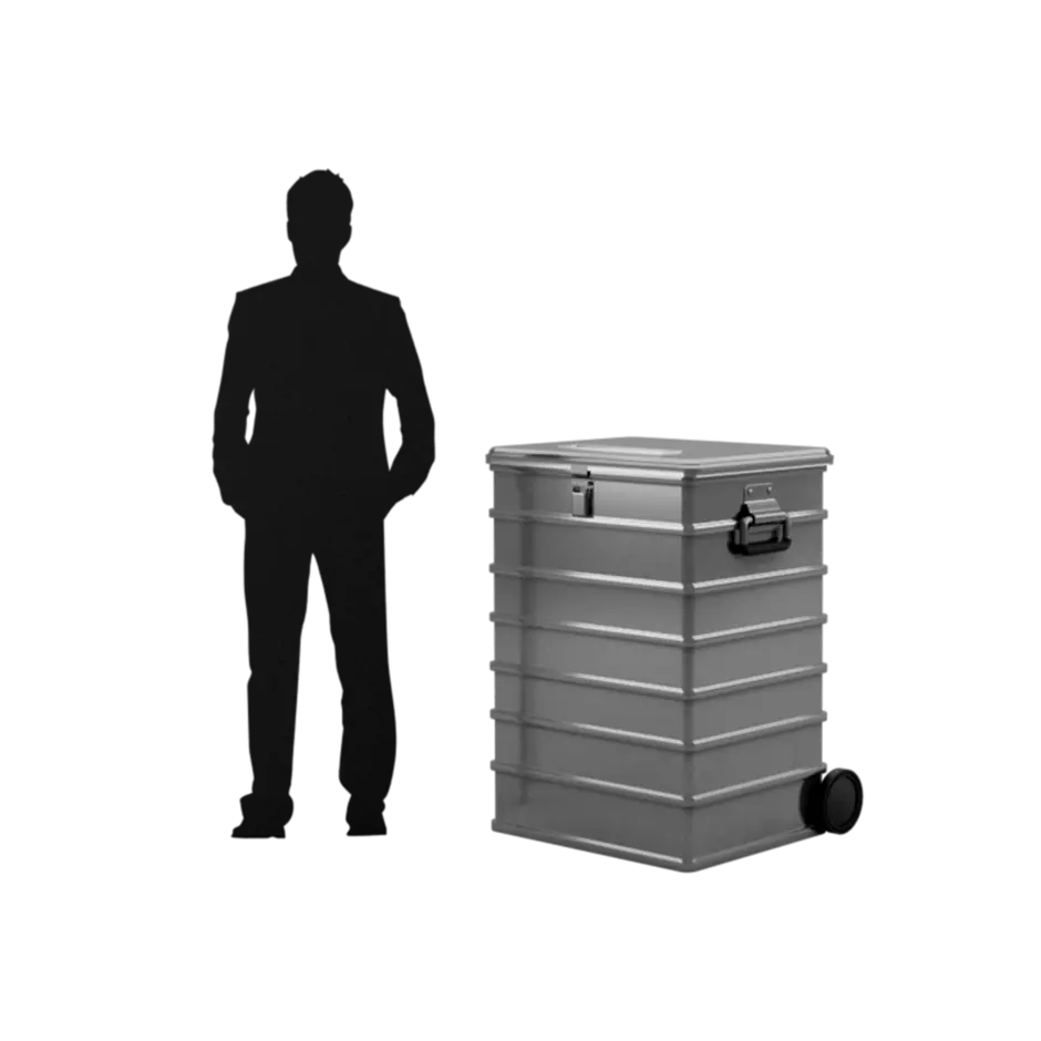 Ein gezeichneter Mensch steht neben einem Aktenvernichtungscontainer