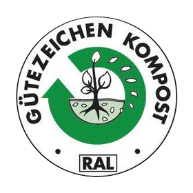 Das Bild zeigt ein rundes Logo mit der Aufschrift "GÜTEZEICHEN KOMPOST" und "RAL" darunter. Im Zentrum des Logos befindet sich eine stilisierte Darstellung eines Baumes bzw. einer Pflanze, die aus dem Boden wächst.