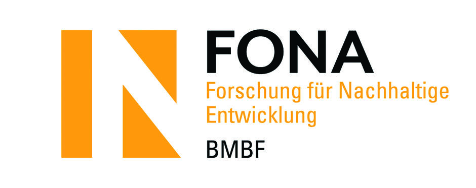 Das Bild zeigt das Logo von FONA - Forschung für Nachhaltige Entwicklung. Links sind drei große, gelbe, Formen zu sehen, die wie ein "N" aussehen. Rechts davon steht "FONA" in schwarzer Schrift. Darunter befindet sich der vollständige Name 'Forschung für Nachhaltige Entwicklung' in kleinerer, orangener Schrift. Am unteren Rand steht "BMBF" in schwarzer Schrift.