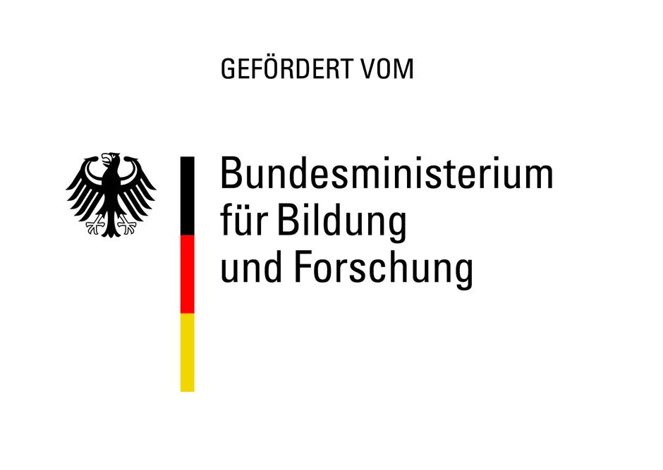 Das Bild zeigt das Logo des Bundesministeriums für Bildung und Forschung. Es zeigt den Bundesadler in Schwarz links neben einem vertikalen Streifen in den Farben Schwarz, Rot und Gold. Rechts davon steht der Text "Bundesministerium für Bildung und Forschung" in schwarzer Schrift. Darüber steht "GEFÖRDERT VOM" in kleinerer Schrift.