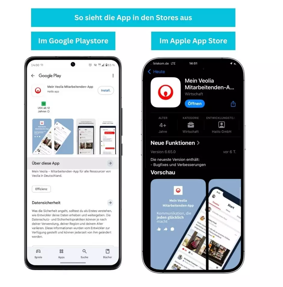 Zwei Handys auf denen man die App einmal im Google Play Store und einmal im Apple App Store sieht