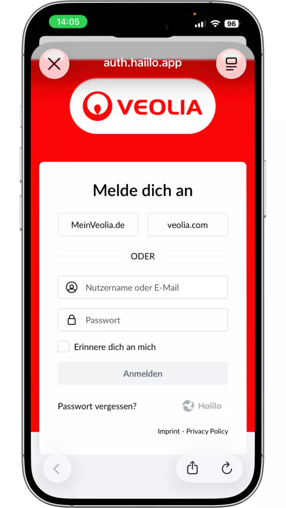 Anmeldeseite der Veolia App