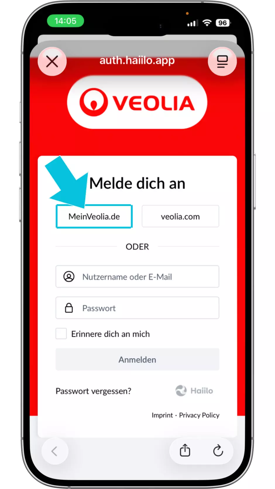 Klicken sie auf Mein Veolia de